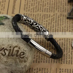 Fashion Mens Jewelry Customrized Logo Stainless Steel Beads Leather Bracelet thumbnail-3