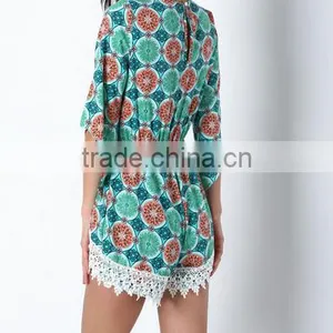 Summer Deep V-neck Back With One Button Fruity Green Crochet Plunge Crepe Romper Short Print Sexy Jumpsuit thumbnail-4
