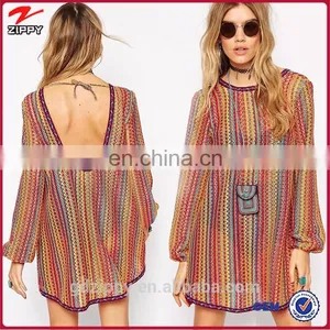 New Arrival Cut Out Back Long Sleeve Stripe Print Vintage Retro Dress thumbnail-1