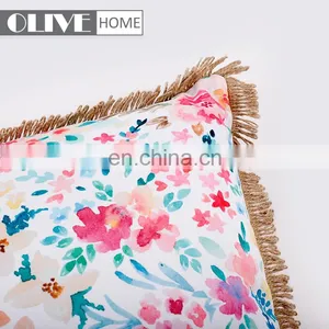 Home Decor Colorful Flower Printed Outdoor Pillow Cushion With Tassels Trimmings thumbnail-2