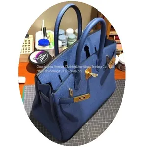 Royal Blue Malachite Green Platinum Bag Genuine Leather Bag Lychee Grain Leather Handbag 25cm thumbnail-3