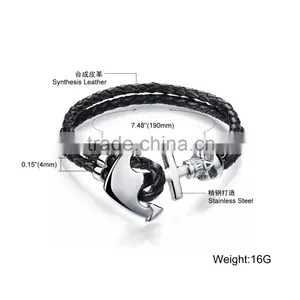 Cheap Stainless Steel Skull Boat Anchor Double Braided Leather Bracelet Punk Rock Style thumbnail-1