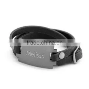 Stainless Steel Brushed Black Leather ID Bracelet thumbnail-1