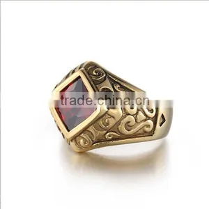 Vintage Cubic Zircon Engrave Antique Gold 316L Stainless Steel Rings Band for Men thumbnail-4