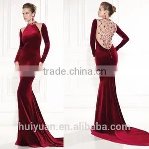 Wine Mermaid Long Sleeve Velvet Evening Dresses Bridesmaid Dress thumbnail-1