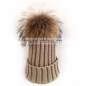 Myfur Unisex Couple Warm Wool Hat With Real Raccoon Fur Pom Pom thumbnail-1