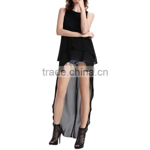 New Fashion Women Sleeveless Blouses False Two Piece Short Front Long thumbnail-3