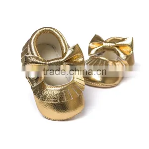 Golden Baby PU Moccasins, Bow Design Little Girl Moccasins thumbnail-1