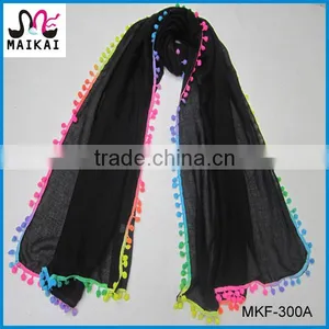 Turkey Hot Selling Lady's Fashion Long Plain Color Scarf With Rainbow Ball thumbnail-1