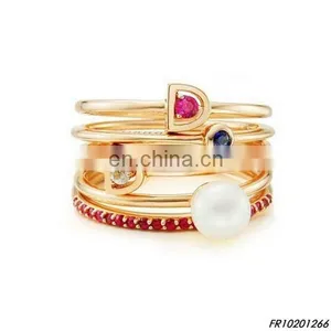 Gold Set of Four Stacking Ring With Gemstone Fashion Opal Ring Jewelry thumbnail-1