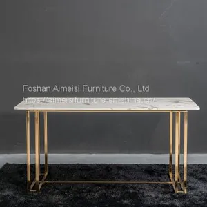 Modern Marble Top Golden Chrome Leg Long Dining Table for Restaurant thumbnail-4
