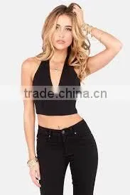 Ladies Black Ruched Side Deep V-Neck Sleeveless Halter Top thumbnail-2