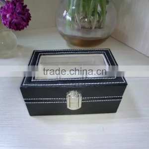 Luxury Black Leather Shadow Window Lid Watch Box Gift Box Lint Lock Front Black Jewelry Leather Box thumbnail-1