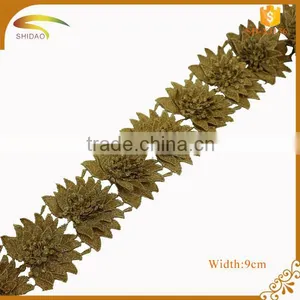 Cheap Polyester Material and Embroidered Technics Gold Metallic Bridal Lace Trim thumbnail-3