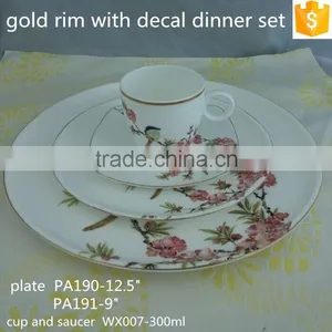 Gold Rim With Decal 16PCS Round Shape Dinner Set 12.5"/9" Plates 300ml Cup Ceramic Bone China Dinner Sets thumbnail-1