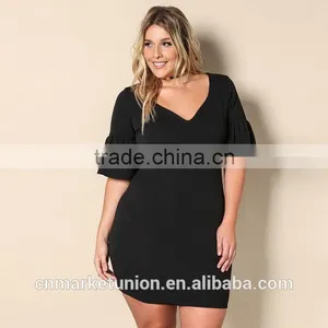 2017 Hot Sale Deep V-neck Elbow Sleeve Black Dress for Fat Women thumbnail-2