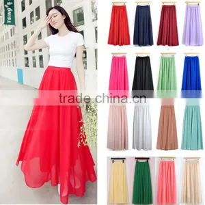 Latest Fashion New Women Sexy Plain Color High Waist Chiffon Maxi Skirt thumbnail-1