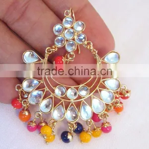 JADAU KUNDAN GOLD PLATED Dangler EARRINGS TIKA SET Real Look thumbnail-3