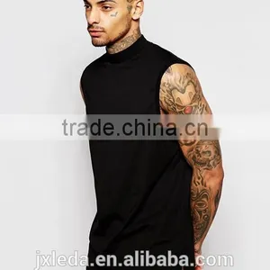 OEM Customize Men Summer Longline Sleeveless Turtle Neck Black Plain T-shirt thumbnail-1