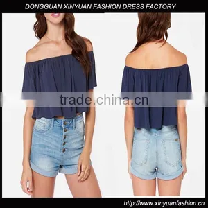2017 Wholesale Womens Custom off Shoulder Ruffle Top Solid Color thumbnail-1