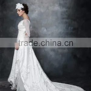 A-line Scoop Neck Satin Over Net With Embroidery Bridal Dress Lace With Crystal 3/4 Sleeve Wedding Dress AS29402 thumbnail-1