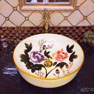 Yellow Ceramic Hand Wash Basin Square Single Hole Tabletop Bathroom Wash Basin Sink With Hand Paint Fancy Design thumbnail-5