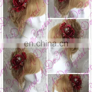 Aidocrystal SALE Wedding Accessory Red Hair Clip Bridal Accessory Hair Flower Clip, Handmade Wine Red Flower Hair Clip Shenzhen thumbnail-2