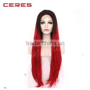 Long Straight Synthetic Lace Front Wig Dark RootsBlack to Red Ombre Heat Resistant Fiber Hair 2 Tones Women thumbnail-1