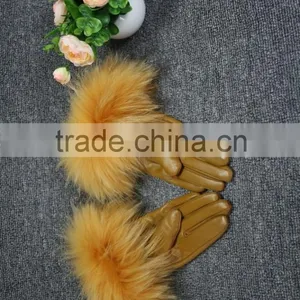 Lady Sheepskin Leather Gloves Women Winter Raccoon Fur Gloves Winter Fur Gloves thumbnail-2