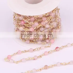 Natural Rose Quartz Agate Rosary Style Beaded Chain, Gold Plated Wire Wrapped Beaded Chain Rosary Chain Faceted Beads thumbnail-1