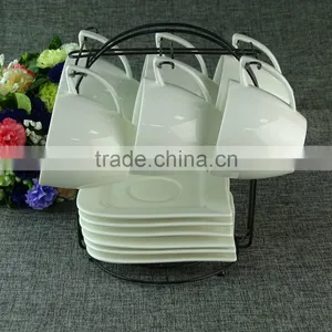 Stock Ceramic Pure White Hot Sell Tea Cups and Saucers With Metal Stand thumbnail-1