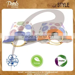 Floral Print Jute Beach Bag With Round Wooden Cane Handle - Tote Bag - Exclusive From India thumbnail-4