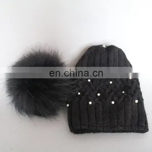 Fashion Design Black Knitted Pattern Wool Blend Hats With Fur Pom thumbnail-6