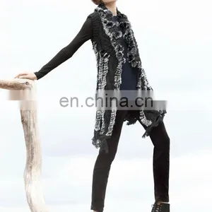Beautiful Rex Rabbit Fur Long Knitted Vest /dyed Black&whitebeautiful Rex Rabbit Fur Long Knitted Vest /dyed Black&white thumbnail-3