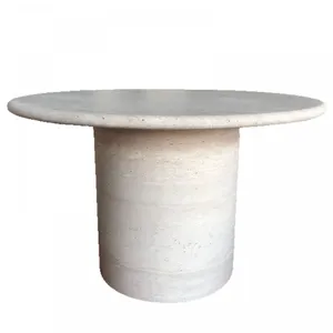 Modern Round Top Beige Travertine Stone Coffee Table Low Round Cylinder Plinth Living Room Luxury Natural Customized Tea Table thumbnail-5