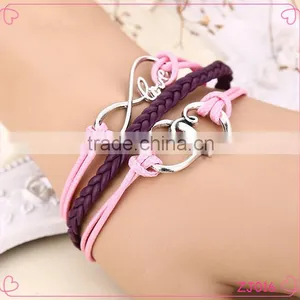 Wholesale Handmade Layers Leather Double Heart Charming Bracelet Weave Women Jewelry thumbnail-1