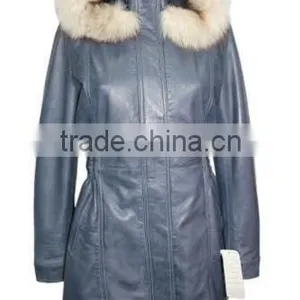 Ladies Baby Blue Knee Length Detachable Fur Hooded Soft Nappa Leather Jacket thumbnail-1