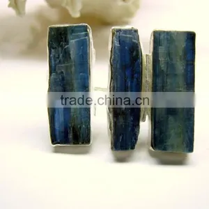 Blue Kyanite Multi Stone Rough Natural Gemstones Ring, Matt Finish Adjustable Rings, 925 Solid Sterling Silver Rings thumbnail-1