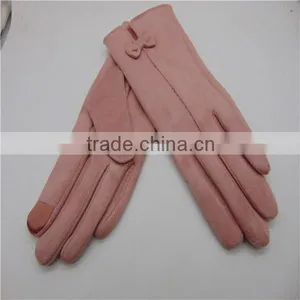 Bowknot Decorated Pink Suede Gloves For Lady thumbnail-1