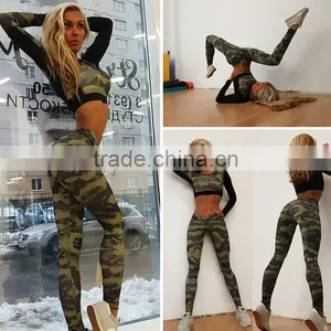 Cheap Wholesale Designer Fitness Camouflage Printed Tracksuit 2 Pieces Short Tops Long Bodycon Pants Sexy Casual Women's Set thumbnail-4