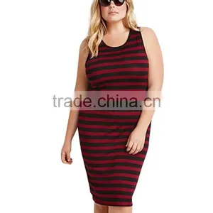 Women Plus Size Spoon Neck Sleeveless Tight Cotton Knit Stripe Tank Dress thumbnail-2