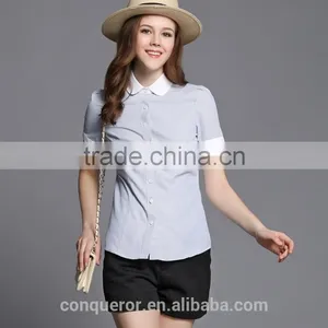 Ladies Fashion Short Sleeve Shirt Contrast Collar And Cuff Shirt thumbnail-3