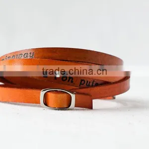 Words/text Engraved Leather Wrap Bracelet, Custom Logo Hand-stamped Leather Bracelet, Adjustable Long Leather Wrap Bracelet thumbnail-1