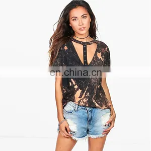 Custom Short Sleeve Halter v Neck Cotton Sublimation Women t Shirt thumbnail-1