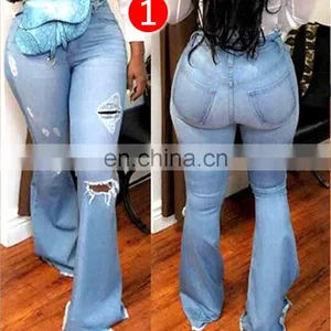 Women Denim High Waist Flare Pants Boyfriend Ripped Jeans Lady Skinny Bell Bottom Jeans Pant Wide Leg Mom Jeans Plus Size thumbnail-1