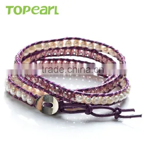 Topearl Jewelry Potato White Freshwater Pearl and Faced Amethyst Bracelet Woven Leather Wrap Bracelets for Best Friends CLL166 thumbnail-2