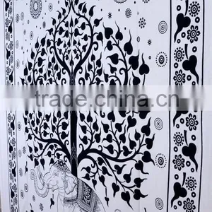 Indian Tapestry Cotton Bedding Bedsheet White Tree Elephant Print Wall Hanging Tapestries Throw Mandala Print thumbnail-3