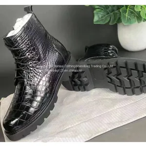 Thailand Crocodile Leather Men's Boots High-End Fashion Casual Martin Boots Lace Up Round Toe Leather High Boots thumbnail-3