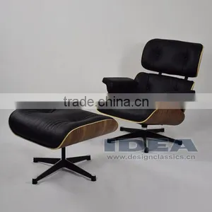 Replica Charles Lounge Chair and Ottoman Walnut Shell Black Leather thumbnail-1