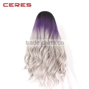 Women Synthetic Lace Front Wigs Cheap Heat Resistant Natural Wavy 3 Tones Dark Roots Purple Grey Hair Wig thumbnail-2